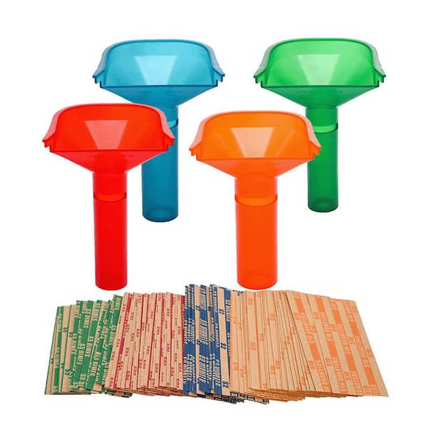 Set of 4 Color-Coded Coin Counting Tubes with 100 Assorted Flat Coin Wrappers for Quarters Dimes Nickels Pennies