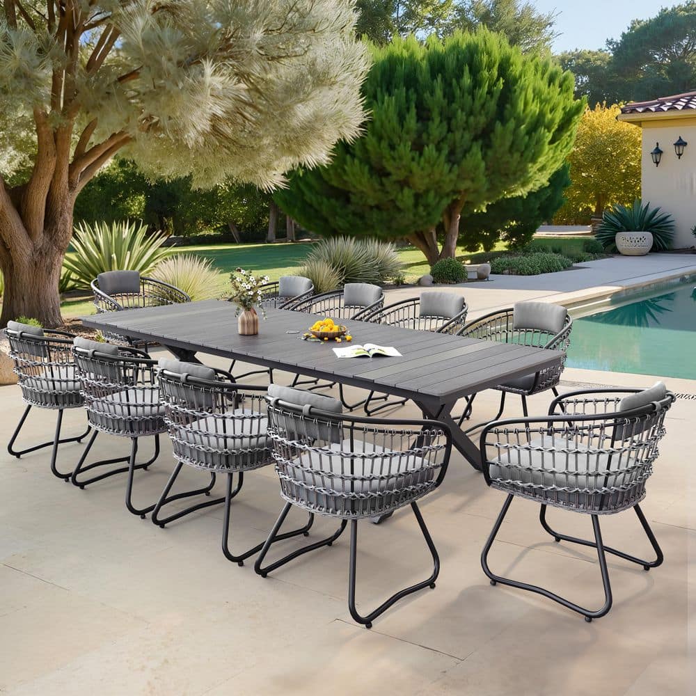11-pc Aluminum Frame Outdoor Dining Set Rattan Chair with Thick Cushion 1.6in Umbrella Hole in Gray For Garden Patio price history on PriceWatchPro