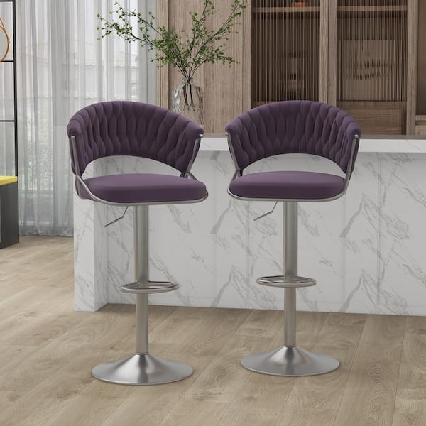 Uixe 43.14 in. Modern Purple Low Back Silver Metal Frame Adjustable Height Swivel Bar Stool with Velvet Seat (Set of 2)