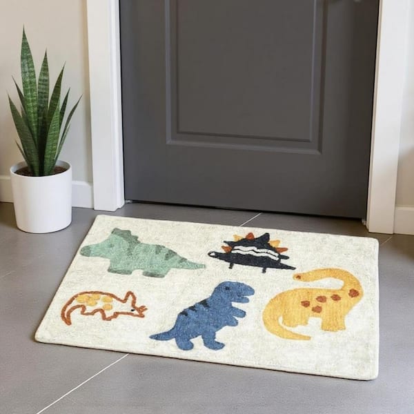 3 ft. x 4 ft. Ivory Blue And Yellow Dinosaurs Youthful Washable Area Rug