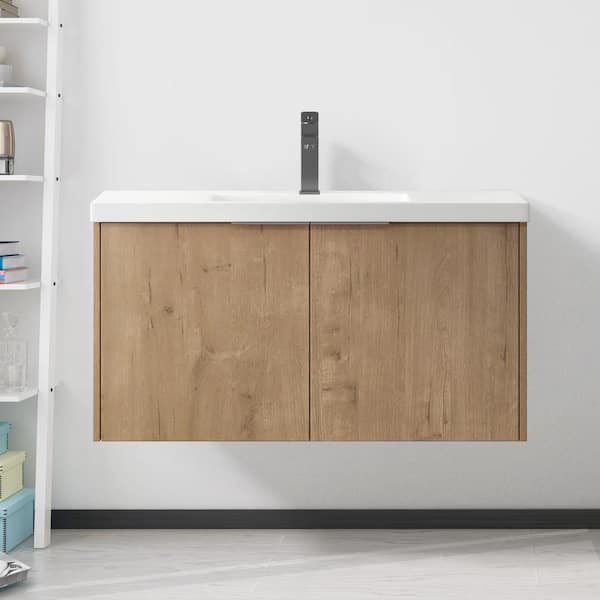 Tileon 35.4 in. W x 18.1 in. D. x 19.3 in. H Bath Vanity in Oak with White Cultured Marble Top with Soft Close Door