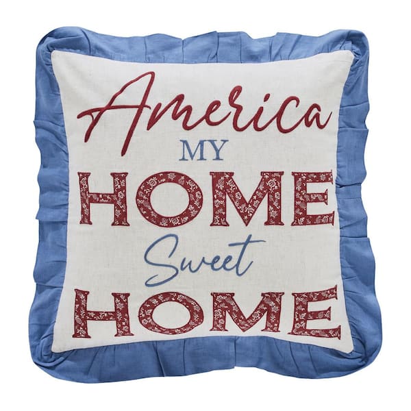 VHC BRANDS Celebration Red Cream Blue Embroidered Appliqued Home Sweet Home 18 in. x 18 in. Throw Pillow