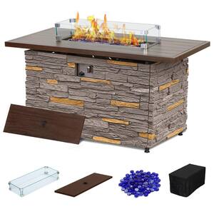 43 in. Propane Fire Pit Table Outdoor Stone Firepit Table Rectangular 50000 BTU Propane Fire Tables - Mouse Gray