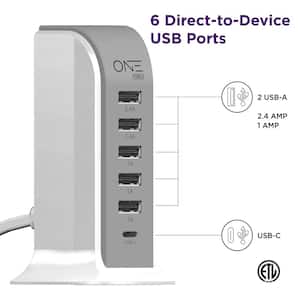 5 USB-A 1 USB-C Power Hub/Charging Station Flat Plug With 5 Ft. Cord Modern Slim Charging USB Tower