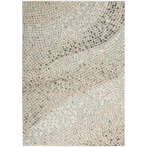 Nourison Marmara Ivory Teal Grey 4 ft. x 6 ft. Abstract Contemporary Area Rug