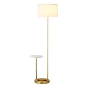 Jacinta 65.75 in. Brass Finish and White Marble Standard Tray Table Floor Lamp with Fabric Shade