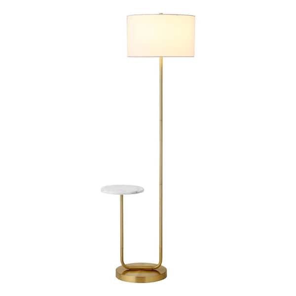 Meyer&Cross Jacinta 65.75 in. Brass Finish and White Marble Standard Tray Table Floor Lamp with Fabric Shade