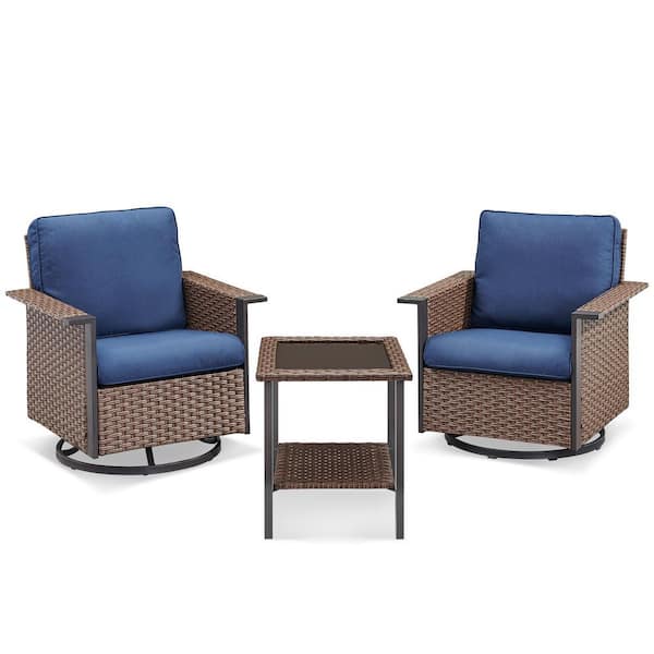 AMCLOBA 3-Piece Wicker Patio Conversation Outdoor Swivel Chairs and Side Table with Blue Cushions, 360° Arbitrary Rotation
