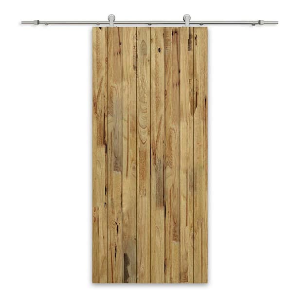 CALHOME 32 in. x 96 in. Weather Oak Stained Pine Wood Modern Interior Sliding Barn Door with Hardware Kit