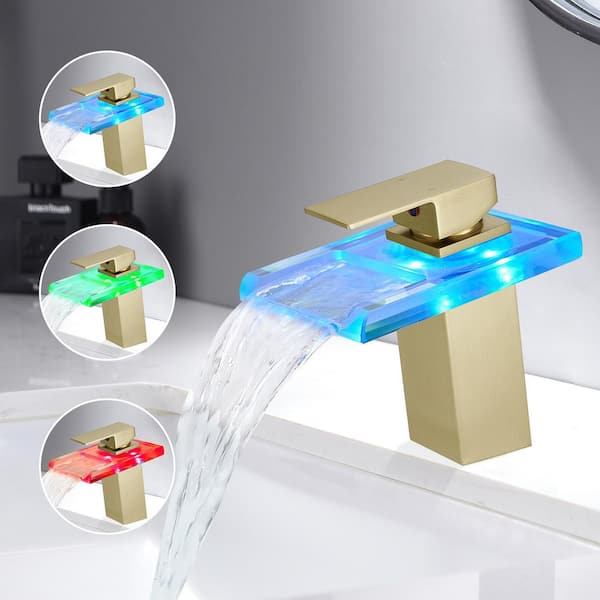 Single Handle Single Hole Bathroom Faucet LED Light 3 Colors Change Waterfall Glass Spout Hot Cold in Brushed Gold
