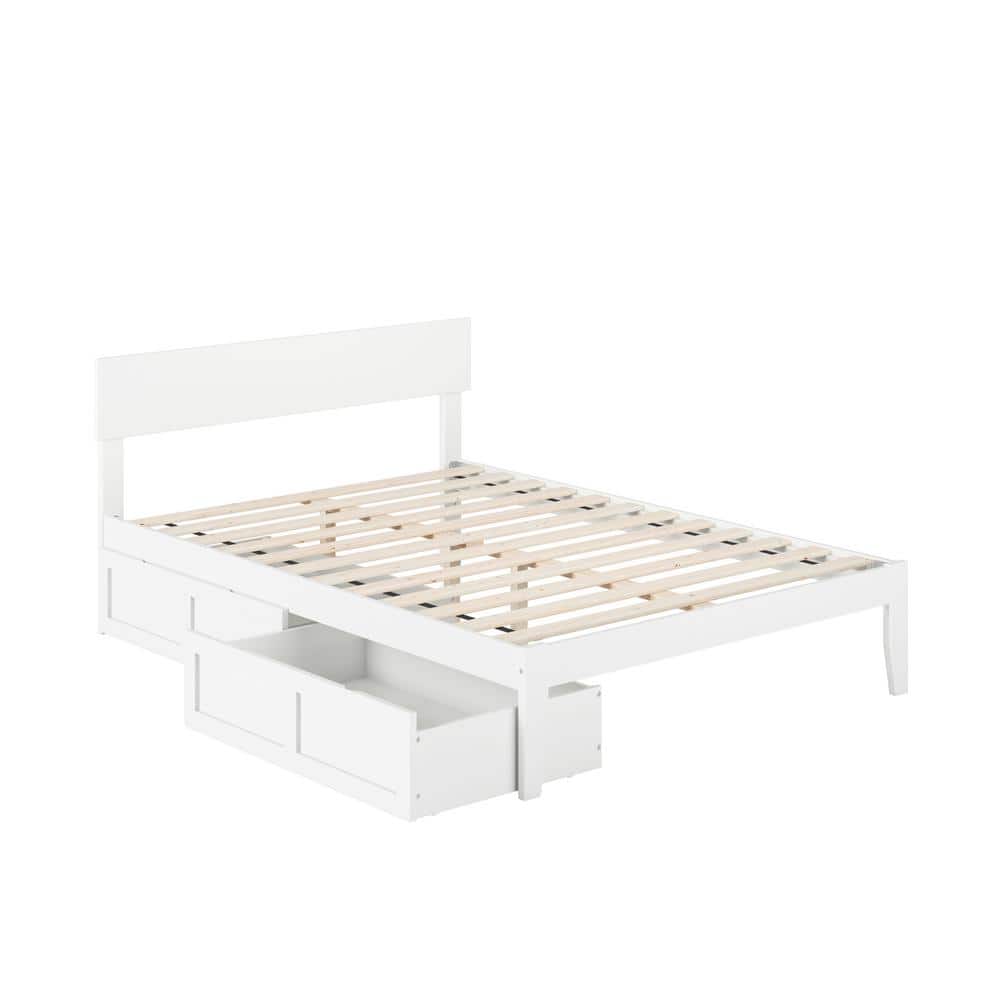 White Full Wood Platform Bed with Storage Drawers and Headboard