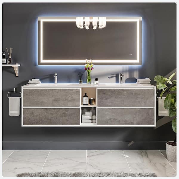 Eviva 75 in. W x 20.5 in. D x 22.5 in. H Floating Double Sinks Bath Vanity in Cement Gray with White Acrylic Top