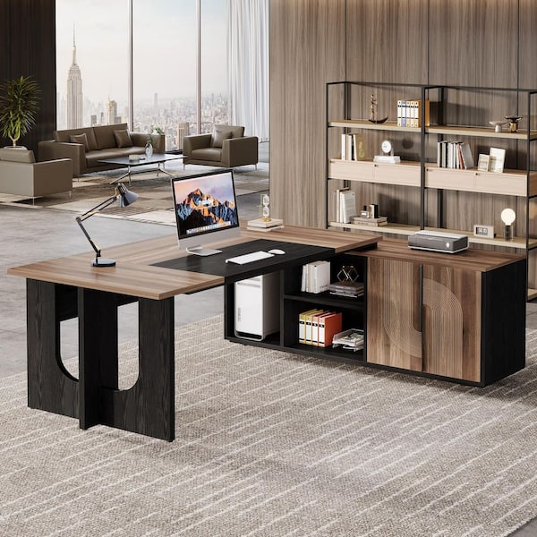 Lait 74.8 in. L-Shaped Brown Black Home Office Computer Executive Desk Large Workstation Set Cabinet Shelves CPU Storage