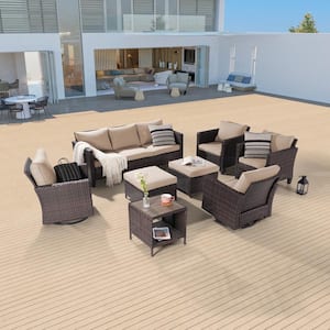 8-Piece Patio Sofa Set Brown Wicker Outdoor Furniture Set Swivel Rocking Sofa, Sand Cushions