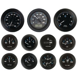 Black Inboard/Sterndrive 6 Set with Tachometer, Speedometer, Voltmeter, Fuel, Water Temperature & Oil Pressure Gauges