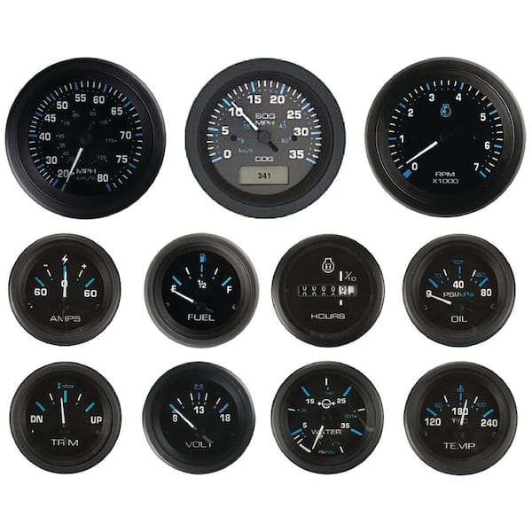 DOMETIC Black Inboard/Sterndrive 6 Set with Tachometer, Speedometer, Voltmeter, Fuel, Water Temperature & Oil Pressure Gauges
