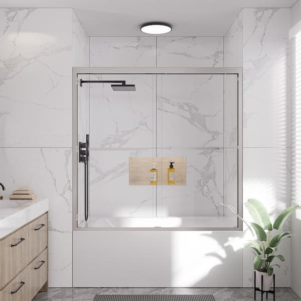 56 - 60 in. W x 58 in. H Double Sliding Framed Tub Door in Brushed Nickel with 1/4 in. Clear Tempered Glass