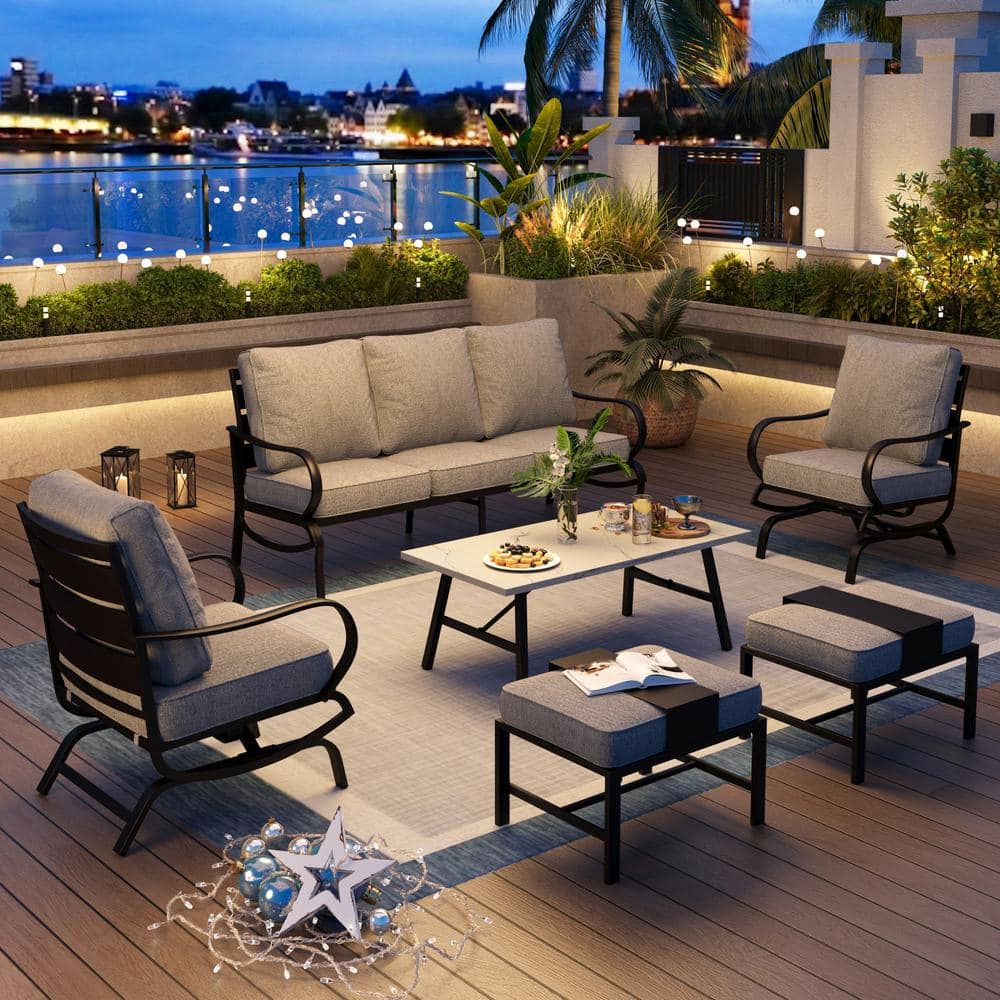 Metal Slatted 7-Seat 6-Piece Outdoor Patio Conversation Set with Gray Cushions, Table with Marble Pattern Top