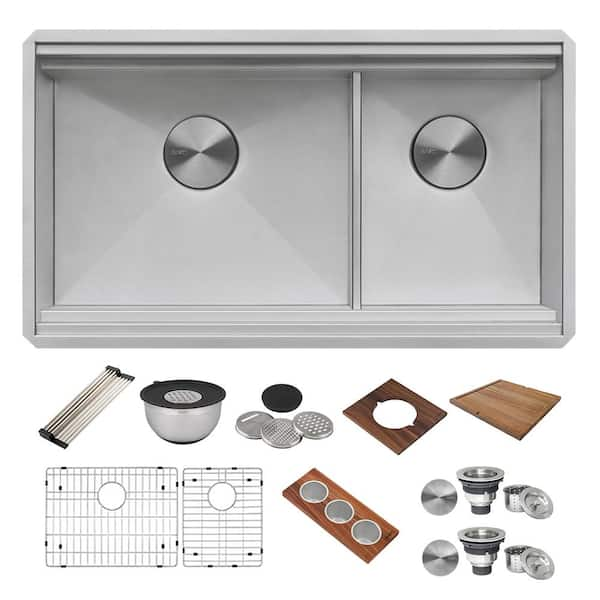 Ruvati 28 in. Low-Divide Double Bowl 60/40 Undermount Tight Radius 16-Gauge Stainless  Steel Kitchen Sink RVH7255 - The Home Depot