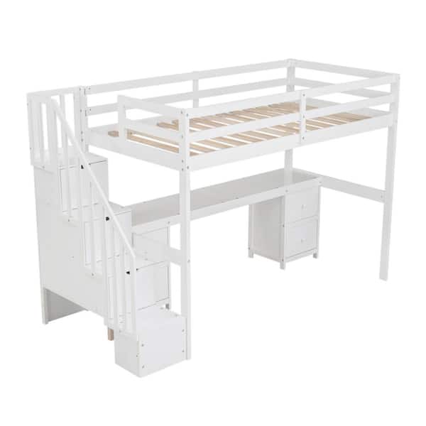 Twin Size Loft Bed Frame with Built-in Desk and Double Storage Drawers, White
