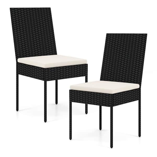 Costway Black Metal Outdoor Dining Chairs with Off White Cushions (Set of 2)