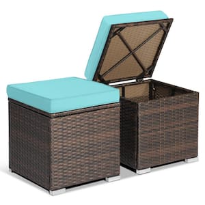 2-Piece Wicker Outdoor Patio Ottomans Hand-Woven PE Wicker Footstools with Removable Turquoise Cushions