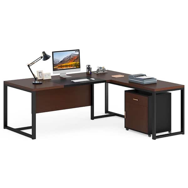 BYBLIGHT Capen 70.87 in. L-Shaped Dark Walnut Wood Executive Desk with Drawer Storage Cabinet, Computer Desk with File Cabinet