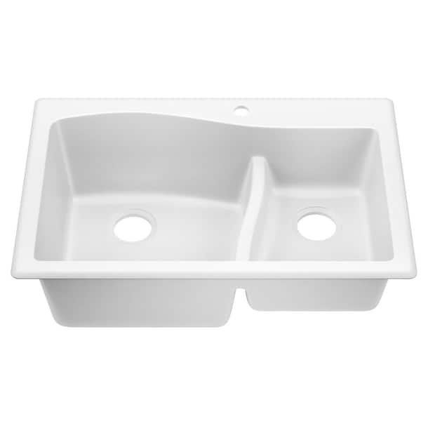 Quarza Drop-in/Undermount Granite Composite 33 in. 1-Hole 60/40 Double Bowl Kitchen Sink in White