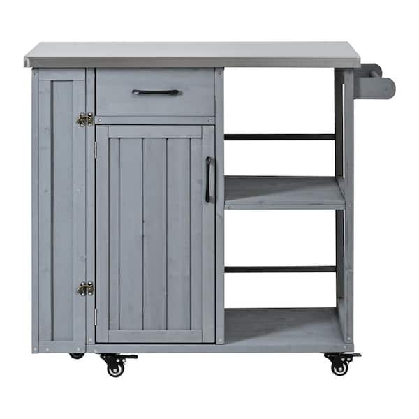 Crestview Patio Solid Wood Storage Kitchen Island Outdoor Serving Bar Cart with Wheels, Towel and Spice Racks, Grey