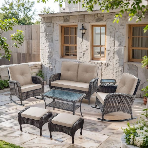 SleekArm 7-Piece Brown Wicker Patio Conversation Set with Beige Cushion, Loveseat with Rocking Chairs and Ottomans