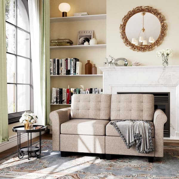 55 in. Modern Loveseat Linen Rectangle Shape Modular Sectional Sofa with Sturdy Wooden Frame in Beige