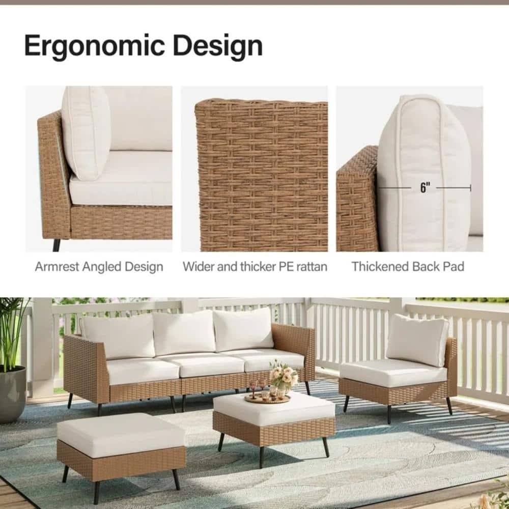 Beige 6-Piece Steel Frame Patio Furniture Set with Cushions