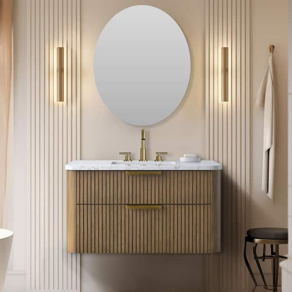 Warren 36 in. W Floating Bath Vanity in Aged Oak, Engineered Stone Top in Arabescato and White Sink