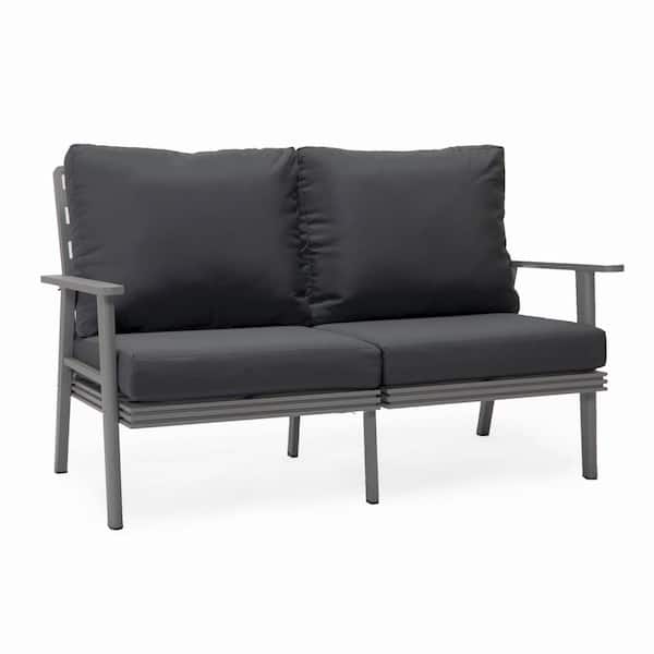 Leisuremod Walbrooke Modern Patio Loveseat with Grey Aluminum Frame and Charcoal Removable Cushions