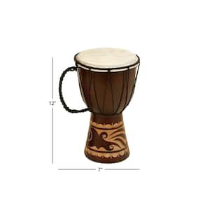 7 in. x 12 in. Brown Wood Handmade Djembe Drum Sculpture with Rope Accents