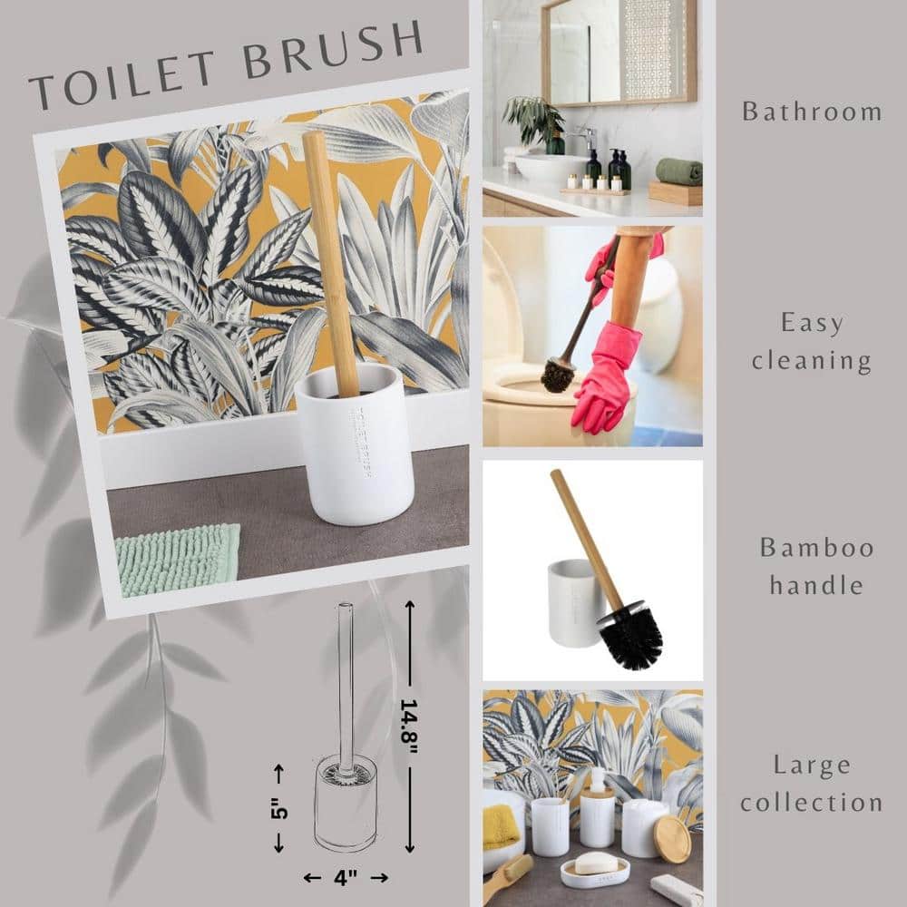White Polyresin Toilet Brush Set with Bamboo Handle