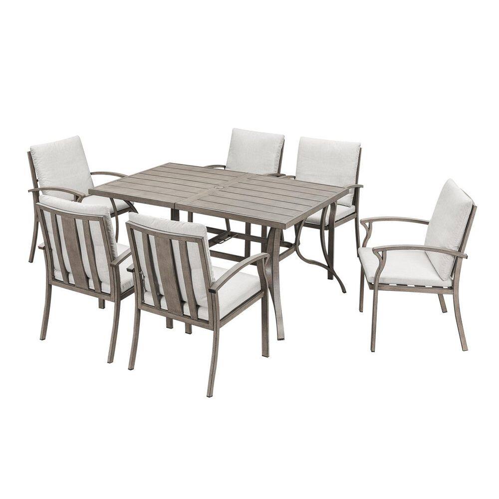 Limed Oak 7-Piece Aluminum Outdoor Dining Set with Rectangular Dining Table and Beige Cushions price history on PriceWatchPro