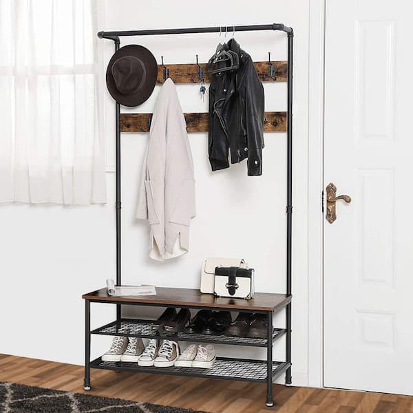 Benjara Brown and Black Metal with Wooden Bench 2-Wire Meshed Shelved Coat Rack