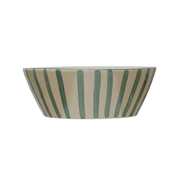 Storied Home 12" 320 fl.oz White and Blue Stoneware Hand-Painted Serving Bowl with Stripes, Reactive Glaze