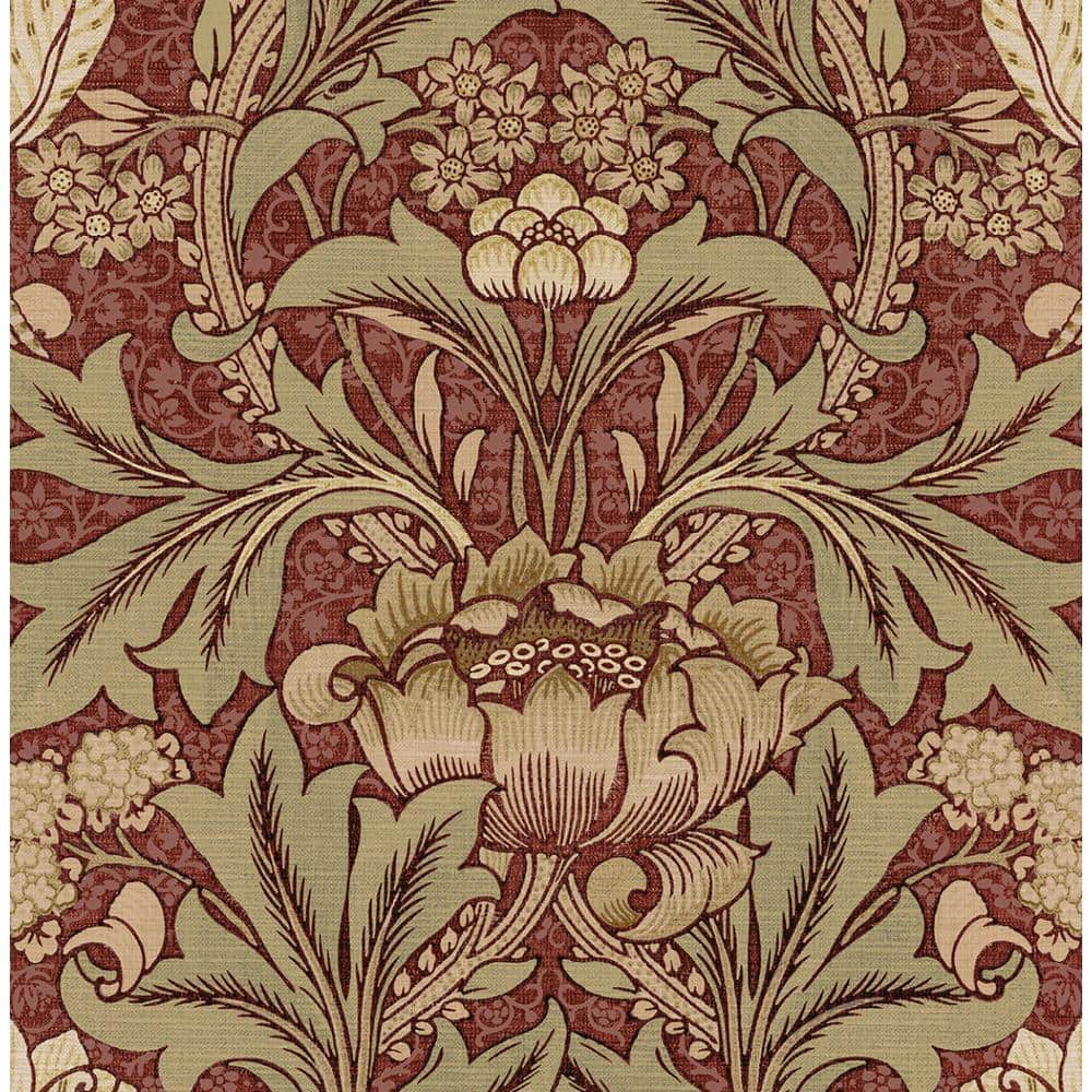 Red Clay and Lichen Floral Pre-Pasted Washable Wallpaper Roll