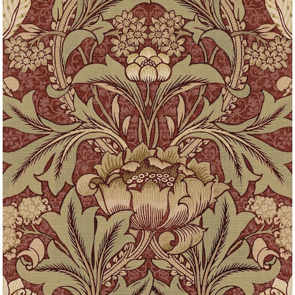 Seabrook Designs 56 Sq. Ft. Red Clay and Lichen Acanthus Floral Pre-Pasted Paper Wallpaper Roll