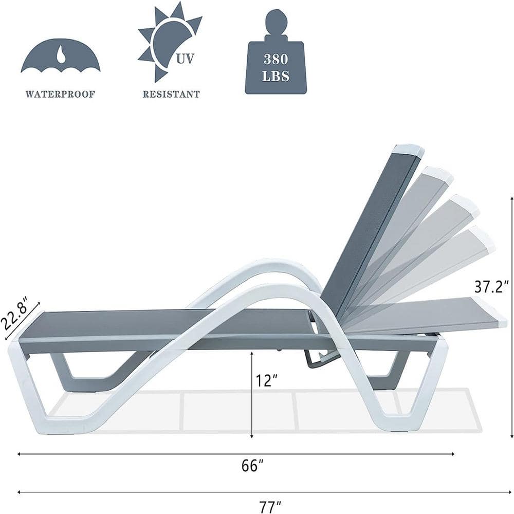 Gray and White Adjustable Aluminum Patio Chaise Lounge with Arms