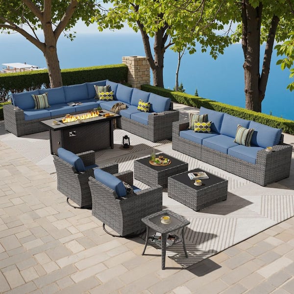 Bissty Gray 16-Piece Wicker Wide Arm Patio 54 in. Rectangle Fire Pit Conversation Set with Denim Blue Cushions