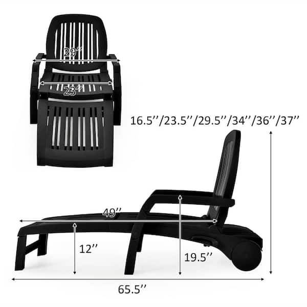 Black Plastic Patio Adjustable Chaise Lounge Chair Folding Sun Lounger Recliner with Wheels