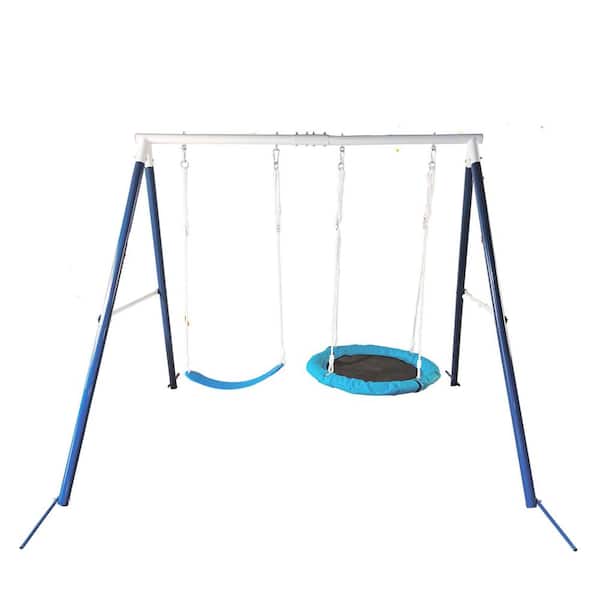 Unbranded Antique Blue Outdoor Metal 2 Functional Swing Set For Kids Outdoor Equipment