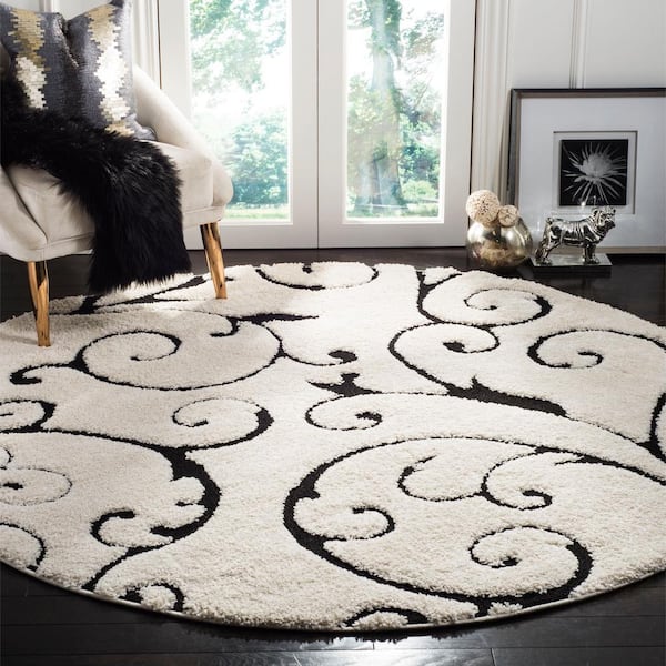 Florida Shag Ivory/Black 9 ft. x 9 ft. Round Floral Area Rug