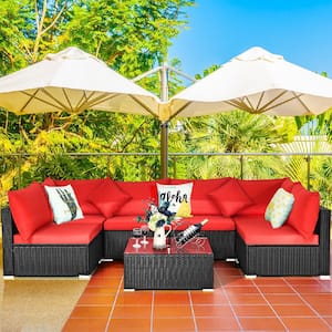 7-Piece Wicker Outdoor Sectional Set with Cushion Red