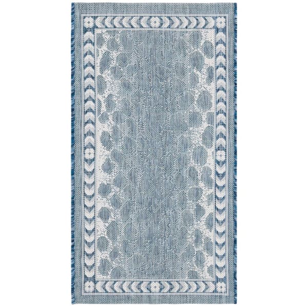 Courtyard Blue/Ivory 2 ft. x 4 ft. Arrow Border Cheetah Indoor/Outdoor Area Rug