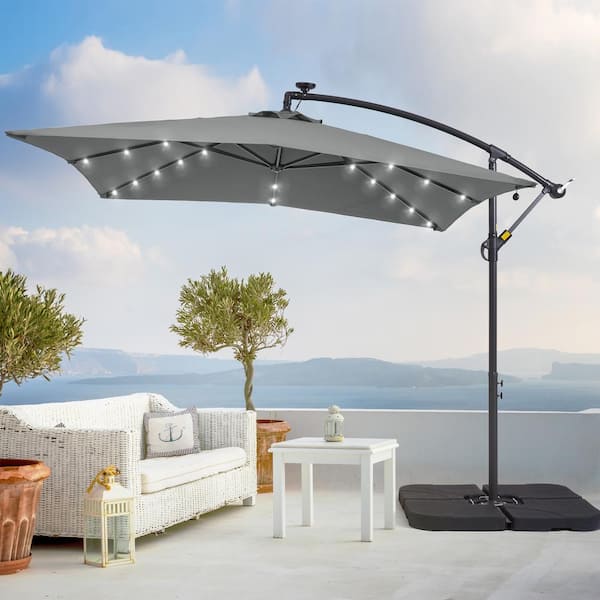 Sonkuki 8.2 ft. x 8.2 ft. Gray Cantilever Solar LED Lighted Square Patio Umbrella With a Base