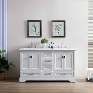 Brittany 60 in. W x 22 in. D x 34.5 in. Double Sink Freestanding Bath Vanity in Blue with White Carrara Marble Top